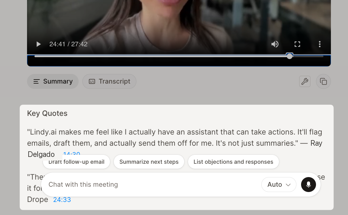A recorded meeting open to its Summary tab with key quotes, and a Chat with this meeting box offering to draft a follow-up email, summarize next steps, or list objections and responses