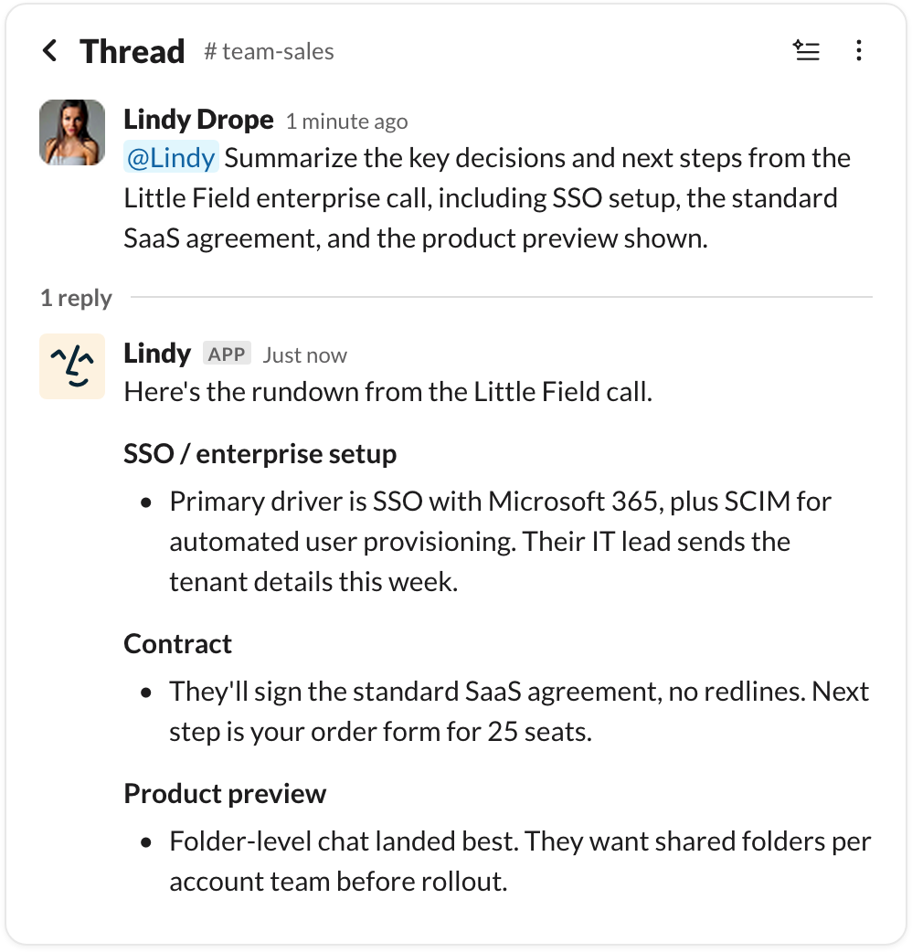 A Slack thread in #team-sales: a teammate asks Lindy to summarize the key decisions and next steps from a call, and Lindy replies in the thread with a rundown covering SSO setup, the contract, and the product preview