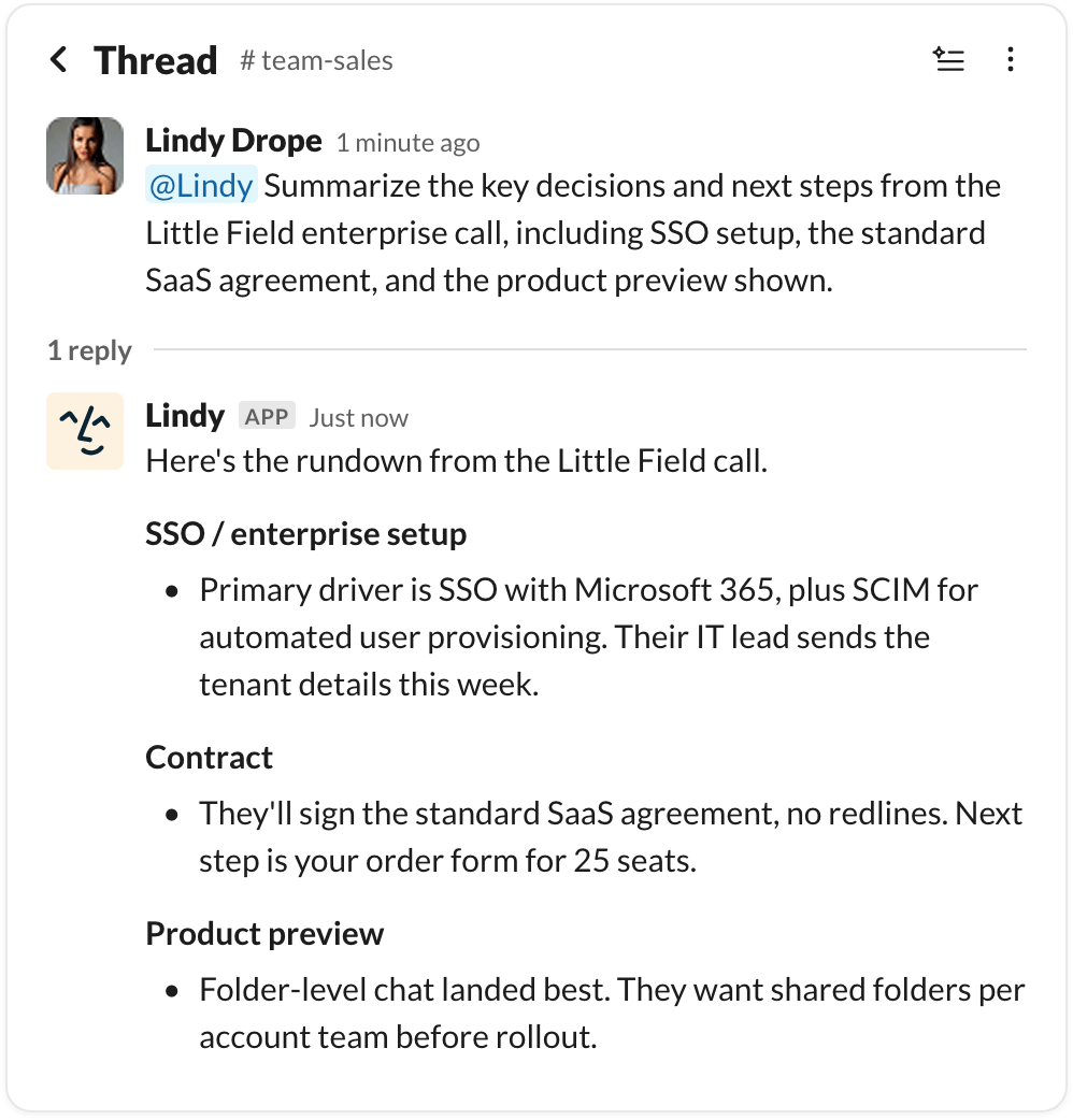 A Slack thread in #team-sales: a teammate asks Lindy to summarize the key decisions and next steps from a call, and Lindy replies in the thread with a rundown covering SSO setup, the contract, and the product preview