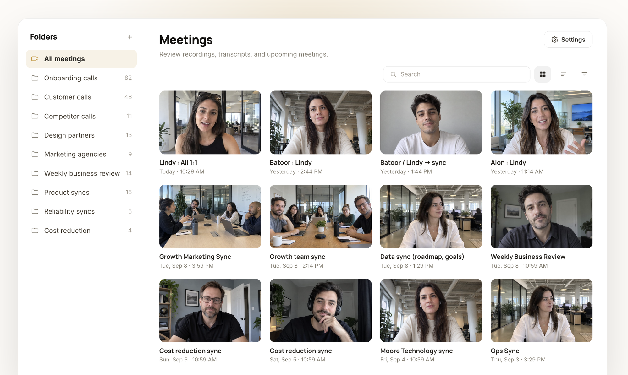 Official Lindy docs image of the Meetings page with a Folders sidebar listing All meetings, Onboarding calls 82, Customer calls 46, Competitor calls 11 and other named folders, beside a grid of recorded meetings with participant thumbnails, titles and dates