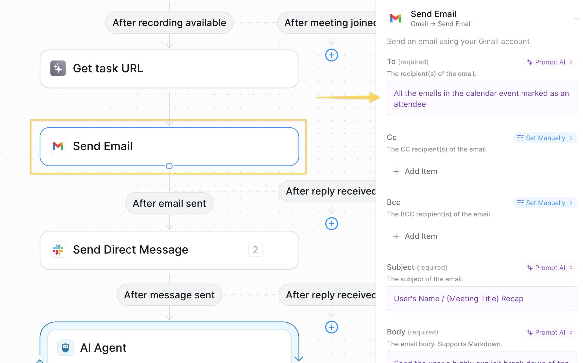 Email attendees configuration