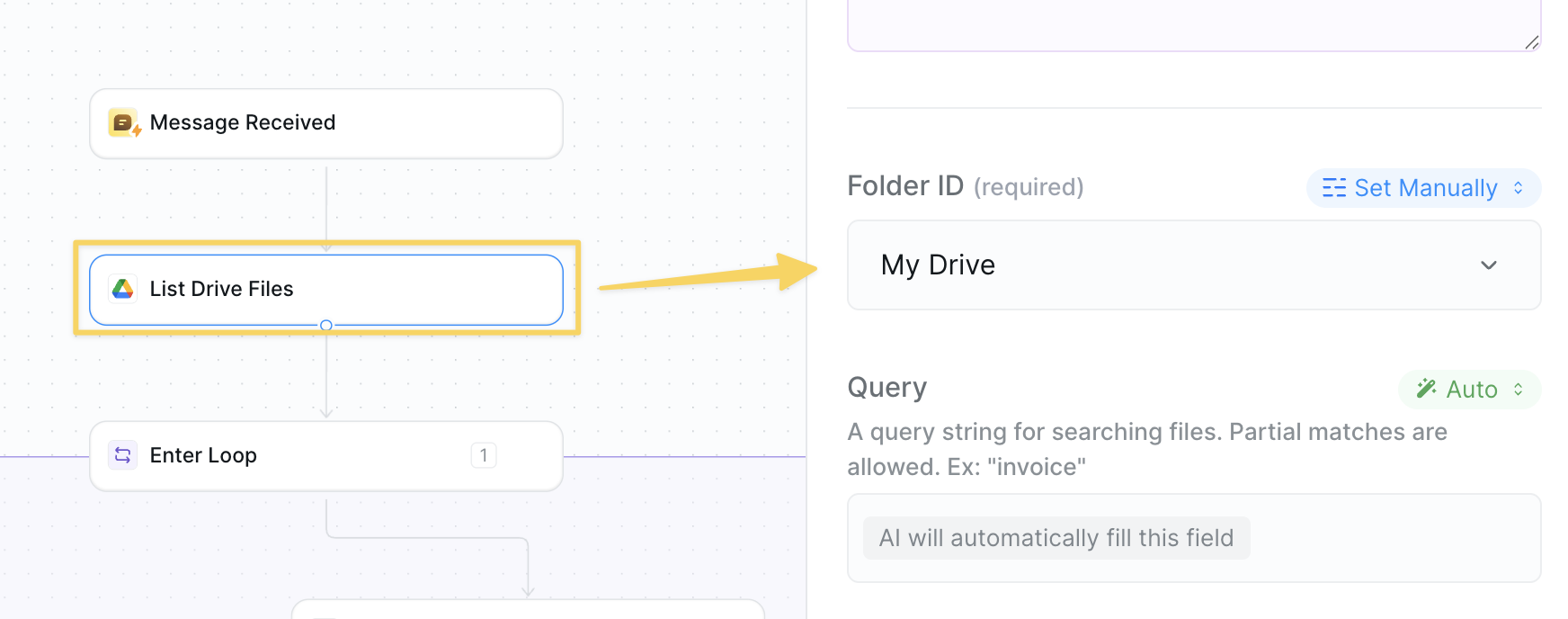 Google Drive list files configuration
