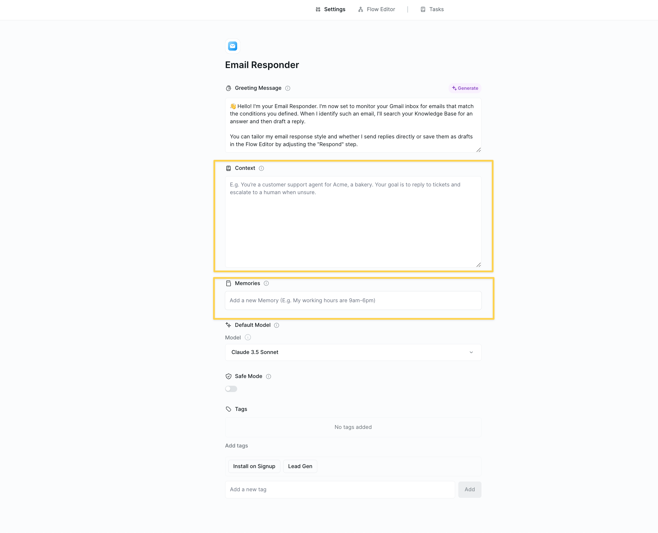 IMAGE NEEDED: Screenshot of Settings tab showing Context field, Memories field, Default Model dropdown, and Safe Mode toggle