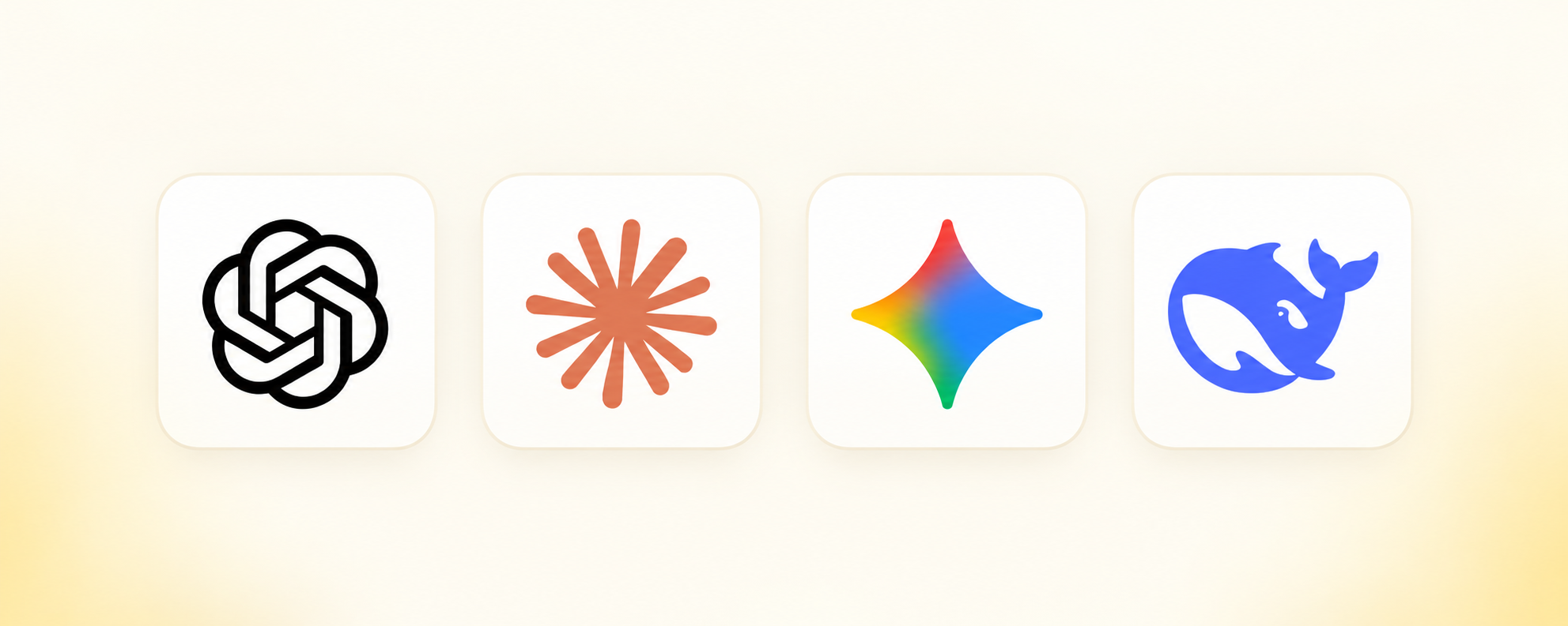 OpenAI, Claude, Gemini, and DeepSeek logos on four separate tiles against a warm cream background
