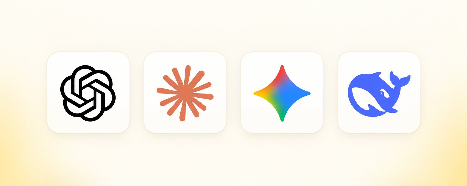 OpenAI, Claude, Gemini, and DeepSeek logos on four separate tiles against a warm cream background