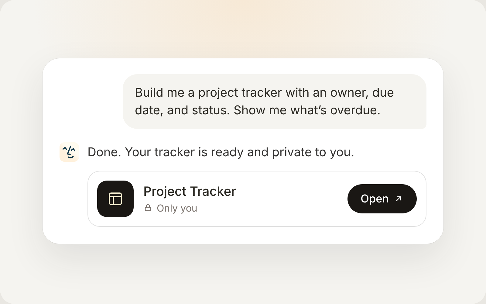 Example chat asking Lindy to build a project tracker, with a link to open the private app