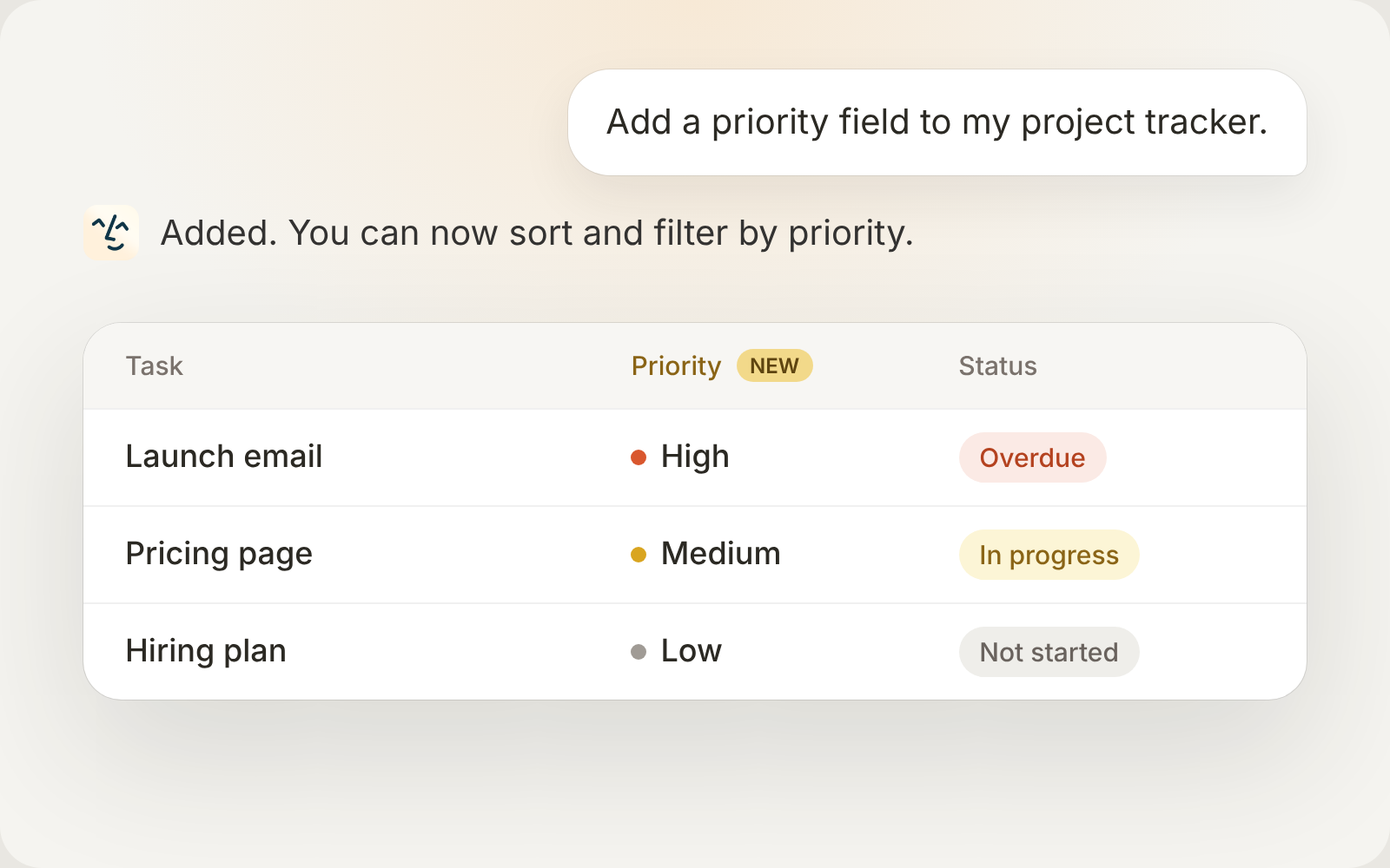 Example of asking Lindy to add a priority field and seeing high, medium, and low priorities in the project tracker