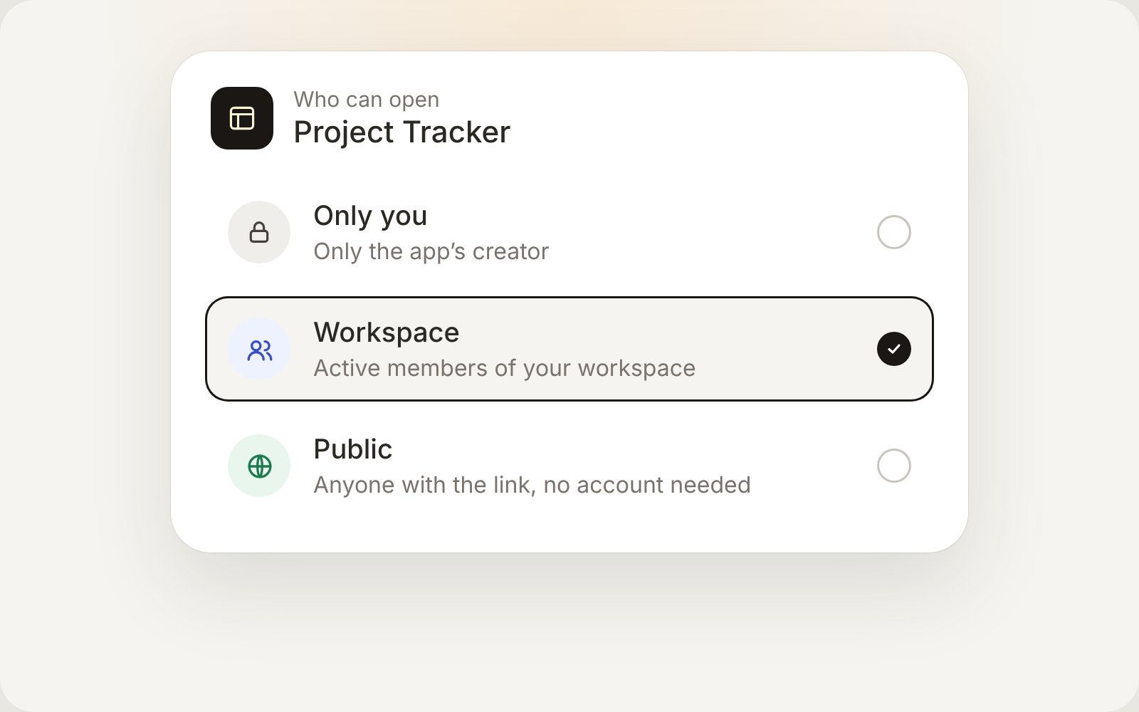 Illustration of Only you, Workspace, and Public access for a project tracker, with Workspace selected