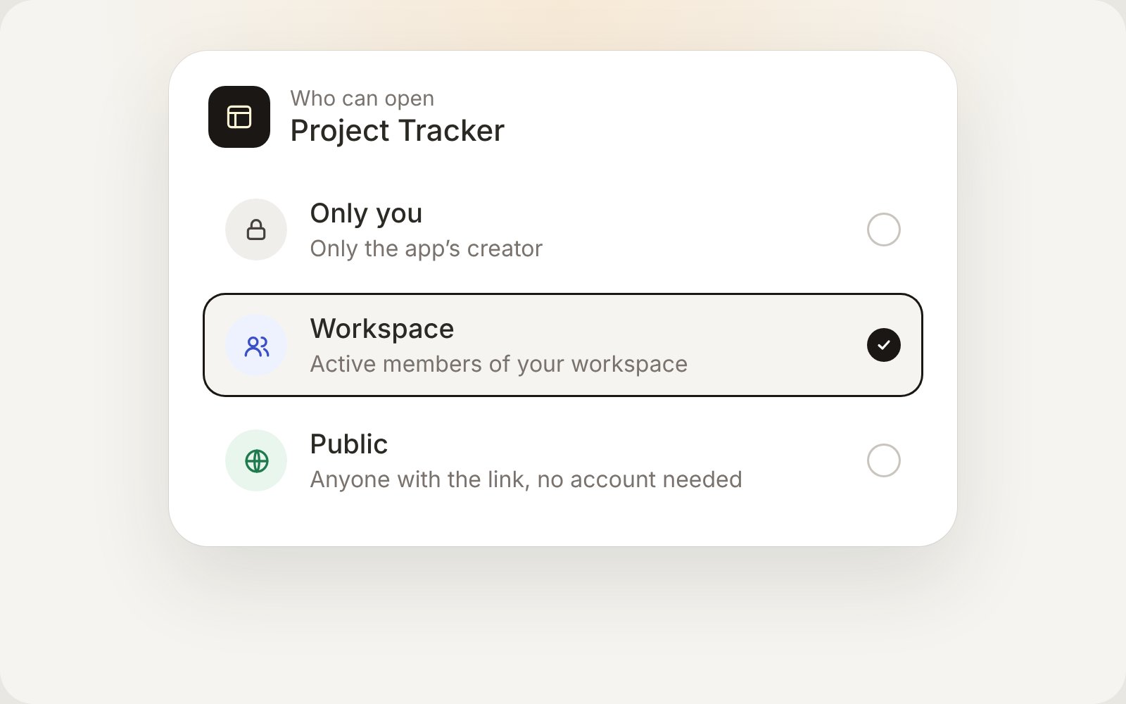 Illustration of Only you, Workspace, and Public access for a project tracker, with Workspace selected