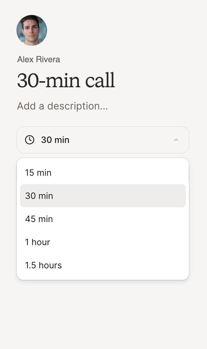 Meeting length options: 15, 30, or 45 minutes, 1 hour, or 1.5 hours