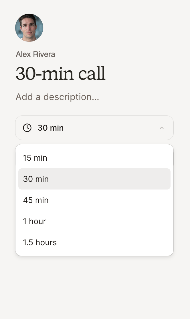 Meeting length options: 15, 30, or 45 minutes, 1 hour, or 1.5 hours