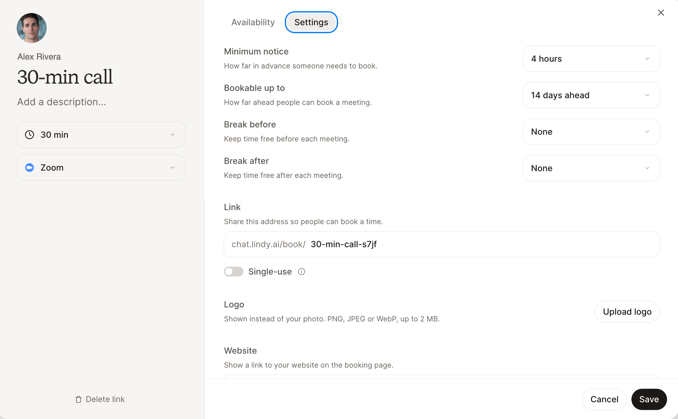 Booking link Settings tab with minimum notice, booking window, buffers, link address, single-use option, logo, and website