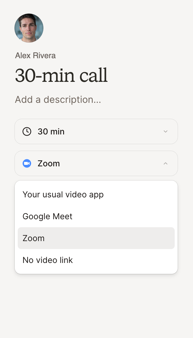 Video app options: your usual video app, Google Meet, Zoom, or no video link