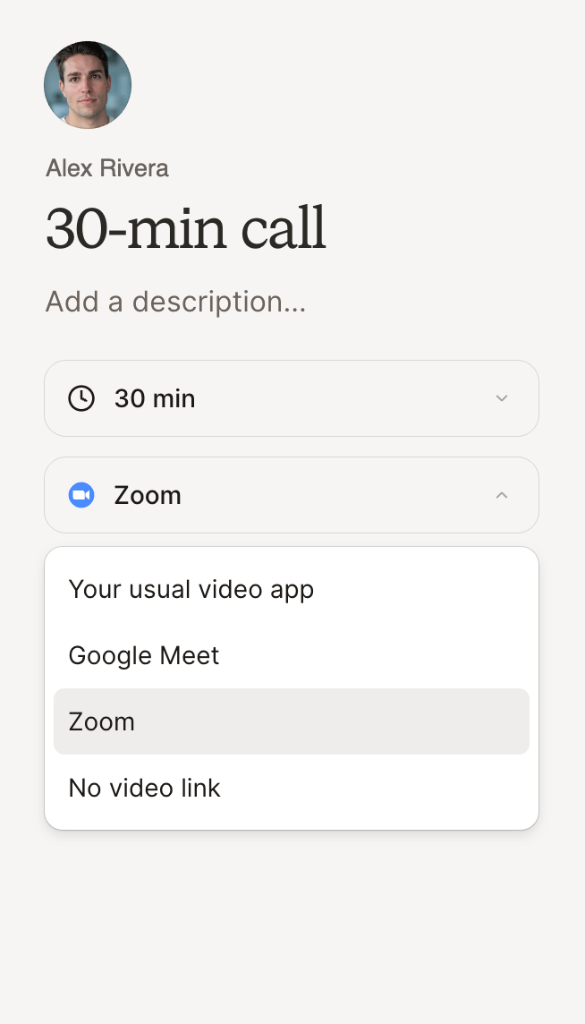 Video app options: your usual video app, Google Meet, Zoom, or no video link