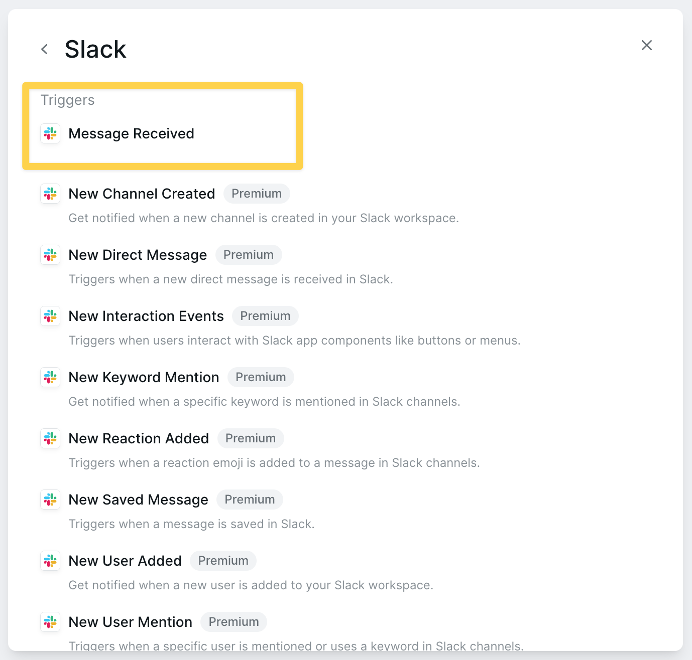 Slack message received trigger configuration showing channel selection and filters