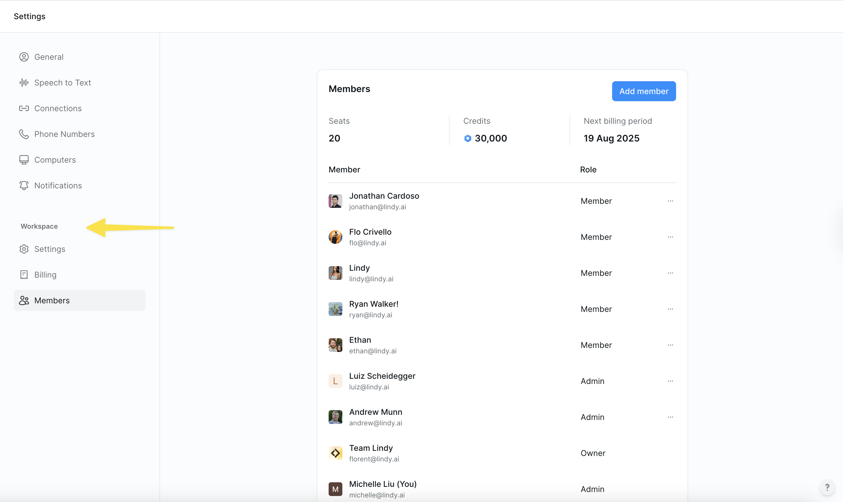 Inviting members and editing permissions interface