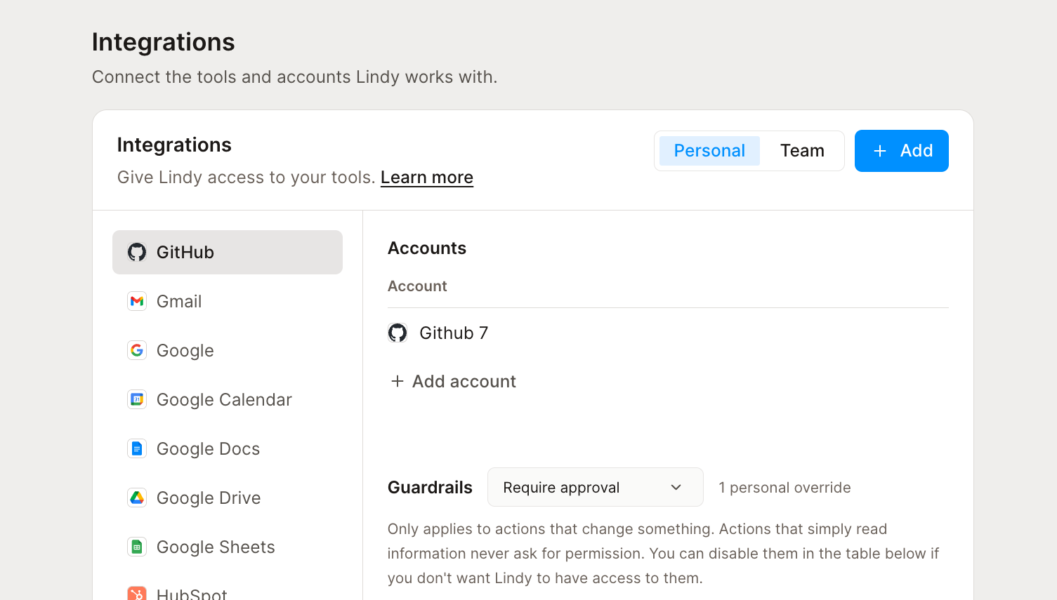 The Integrations page: tools grouped by category, connected accounts, and a guardrail dropdown