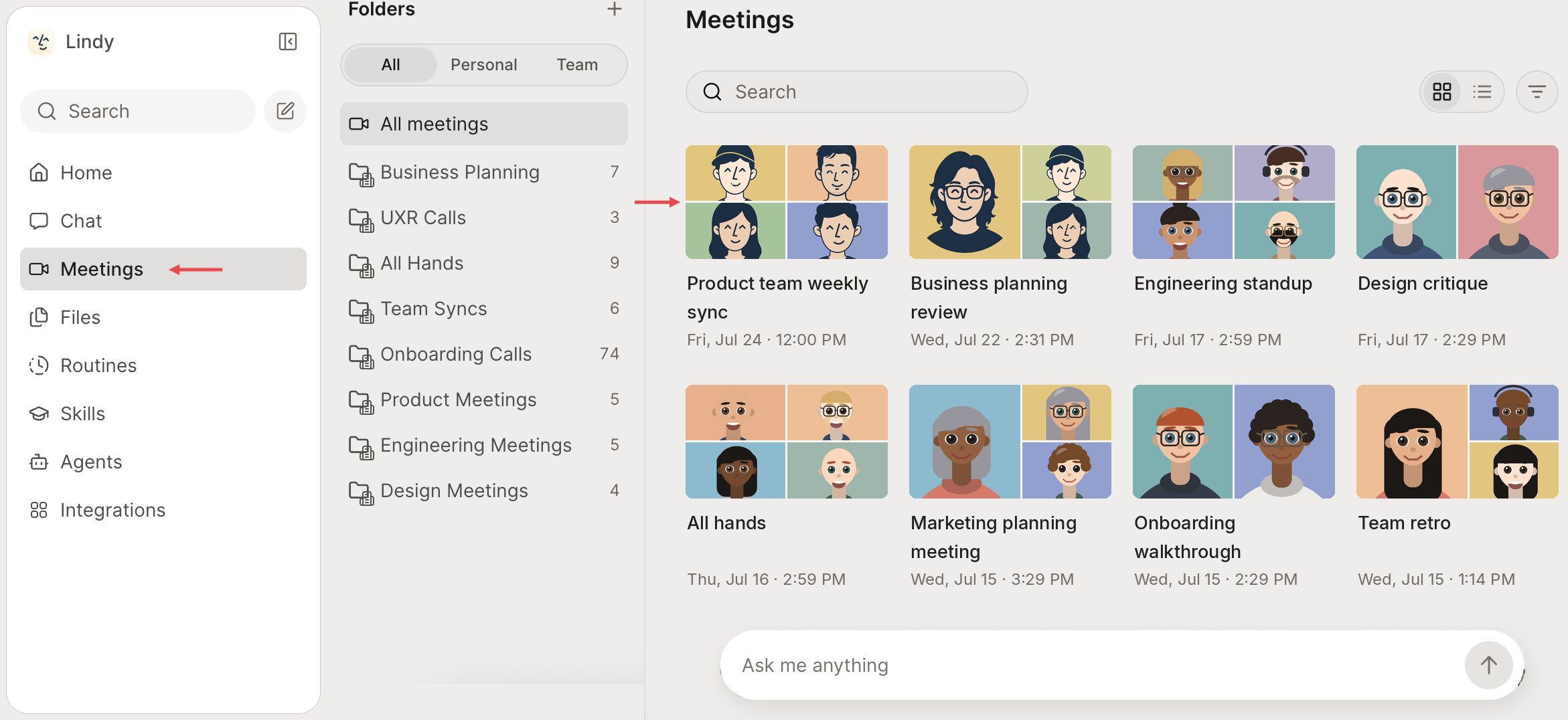 Meeting library with an arrow pointing to Meetings in the left nav and another pointing to a recorded meeting in the grid