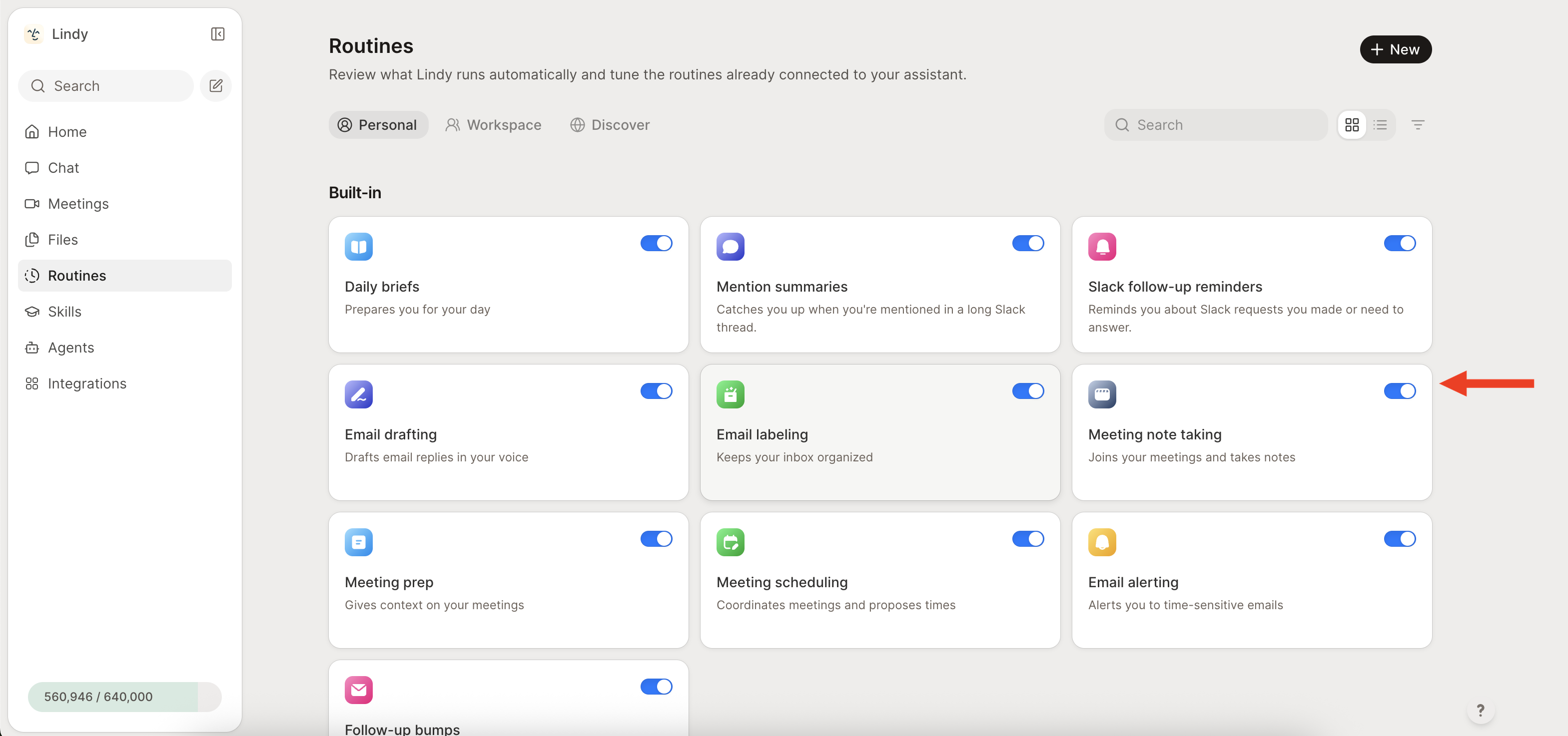 Routines page with an arrow pointing to the Meeting note taking card