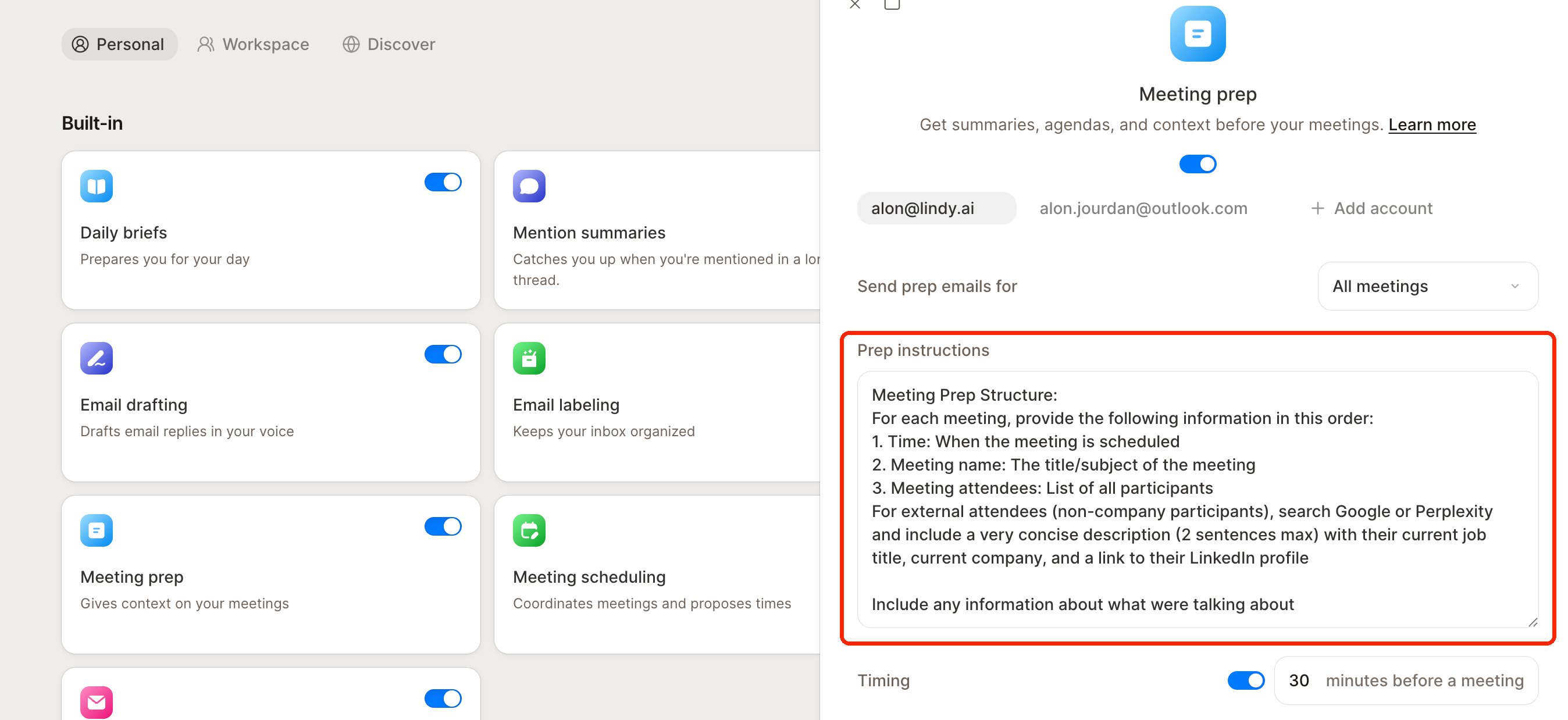 Meeting prep routine settings with the Prep instructions field highlighted