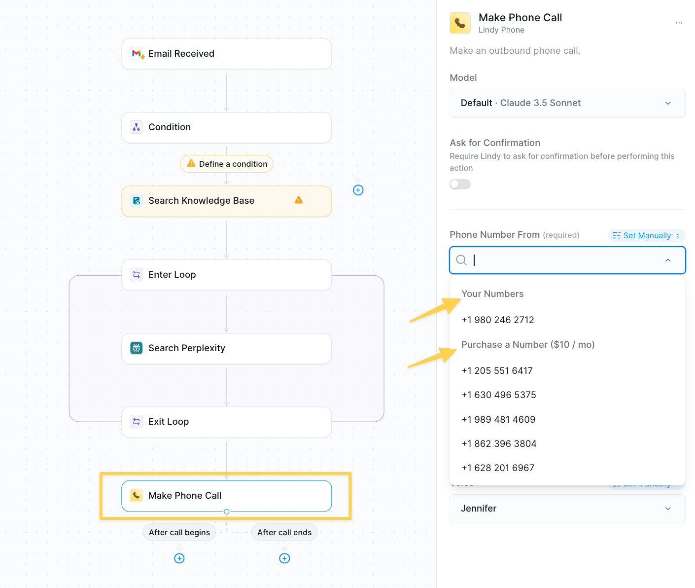 IMAGE NEEDED: Screenshot of Phone number dropdown showing available numbers to purchase