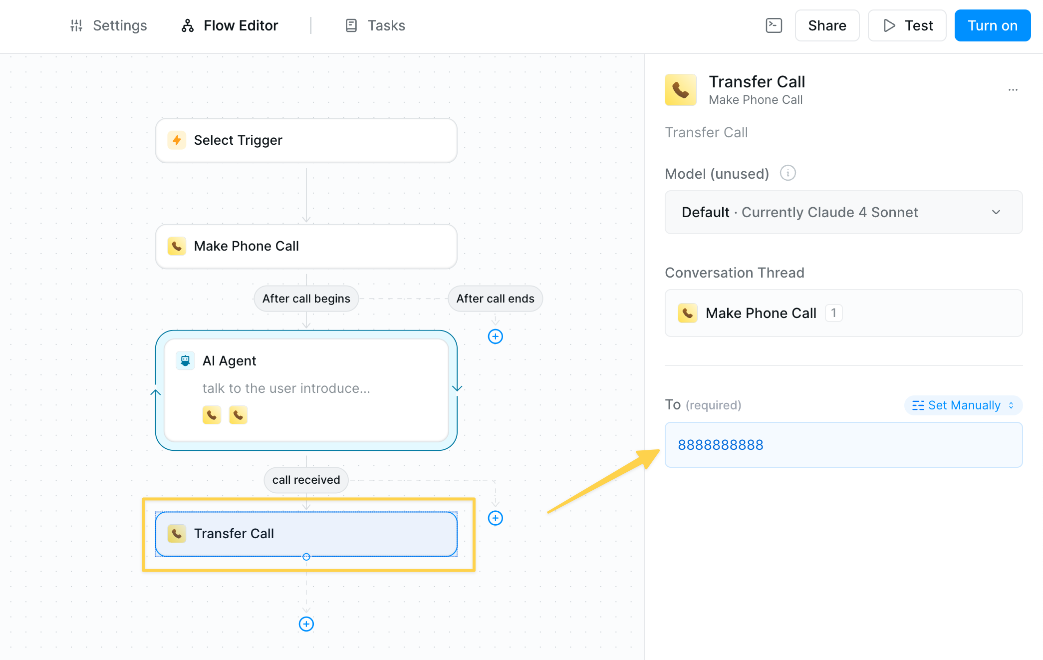 IMAGE NEEDED: Screenshot showing Transfer Call action being added after Call Received trigger