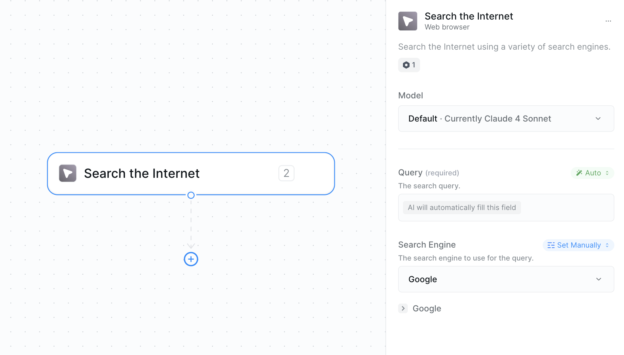 Search the Internet action configuration