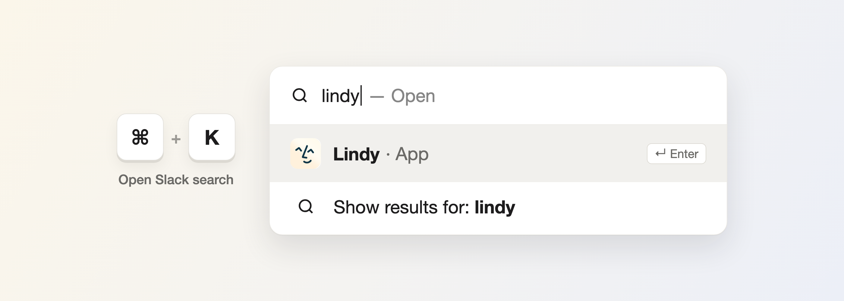 Slack search opened with Command + K, with lindy typed in the search box and the Lindy App result highlighted
