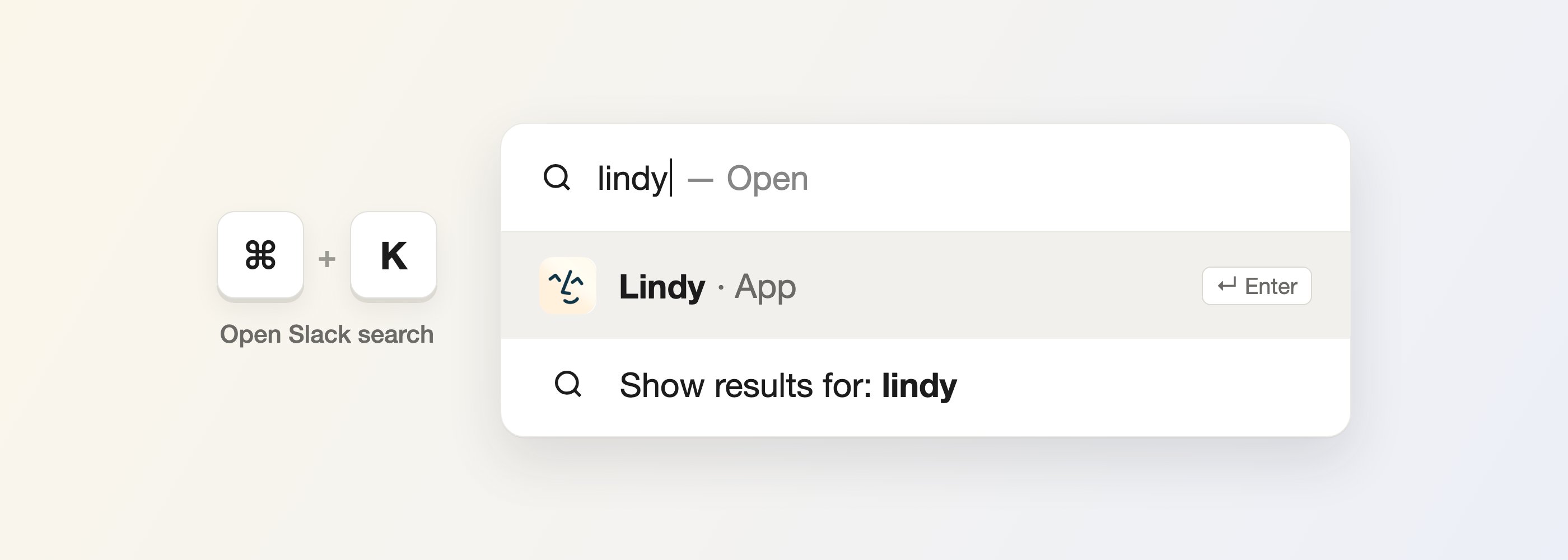 Slack search opened with Command + K, with lindy typed in the search box and the Lindy App result highlighted