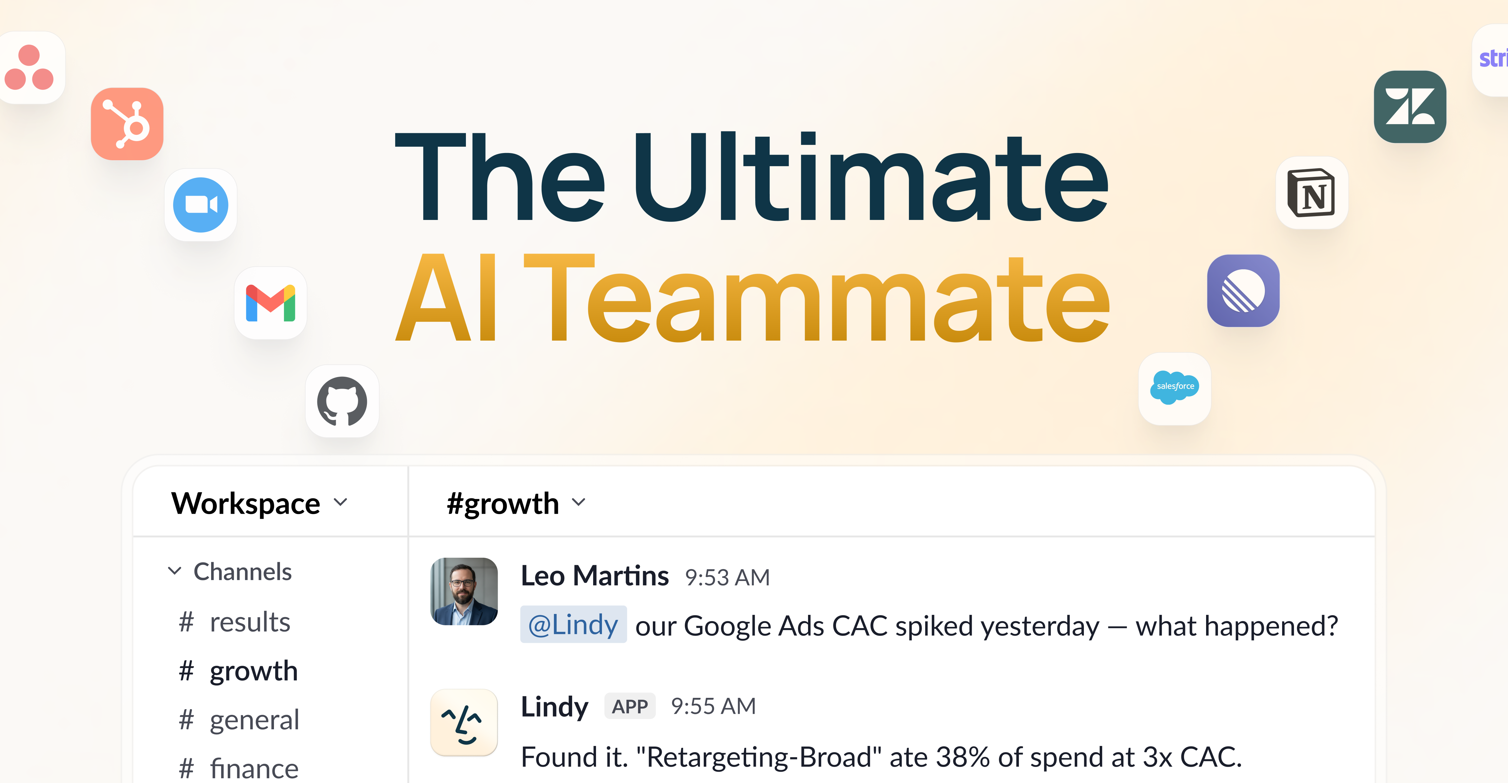 The Ultimate AI Teammate, ringed by the tools it connects to — Asana, HubSpot, Zoom, Gmail, GitHub, Stripe, Zendesk, Notion, Linear, and Salesforce — above a Slack workspace where Leo asks in #growth why Google Ads CAC spiked yesterday and Lindy answers that Retargeting-Broad ate 38% of spend at 3x CAC