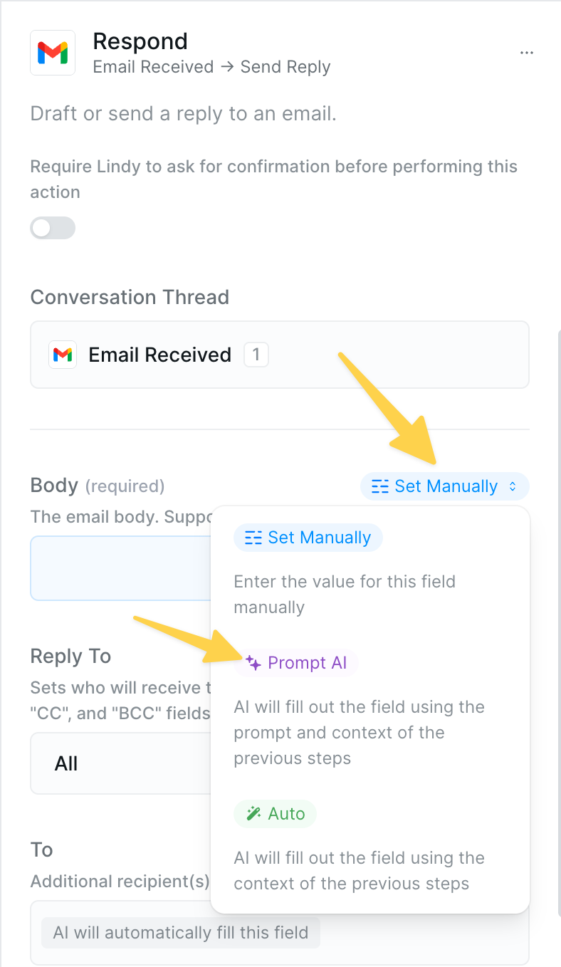 AI Prompt mode interface showing dropdown options