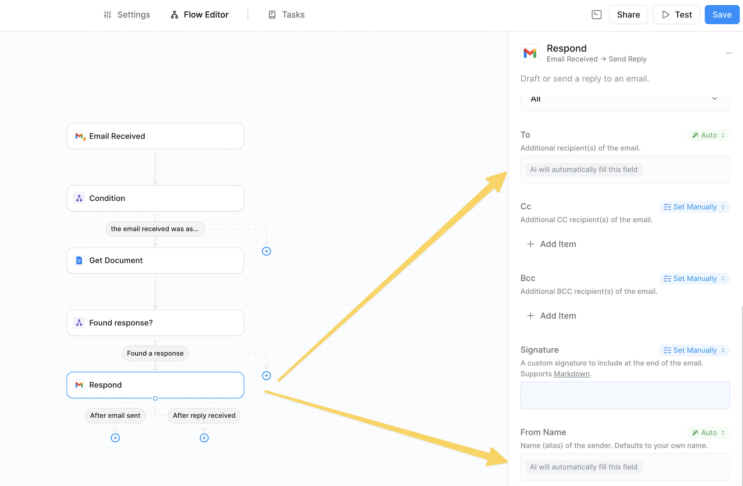 Auto mode intelligently filling email fields based on previous workflow data
