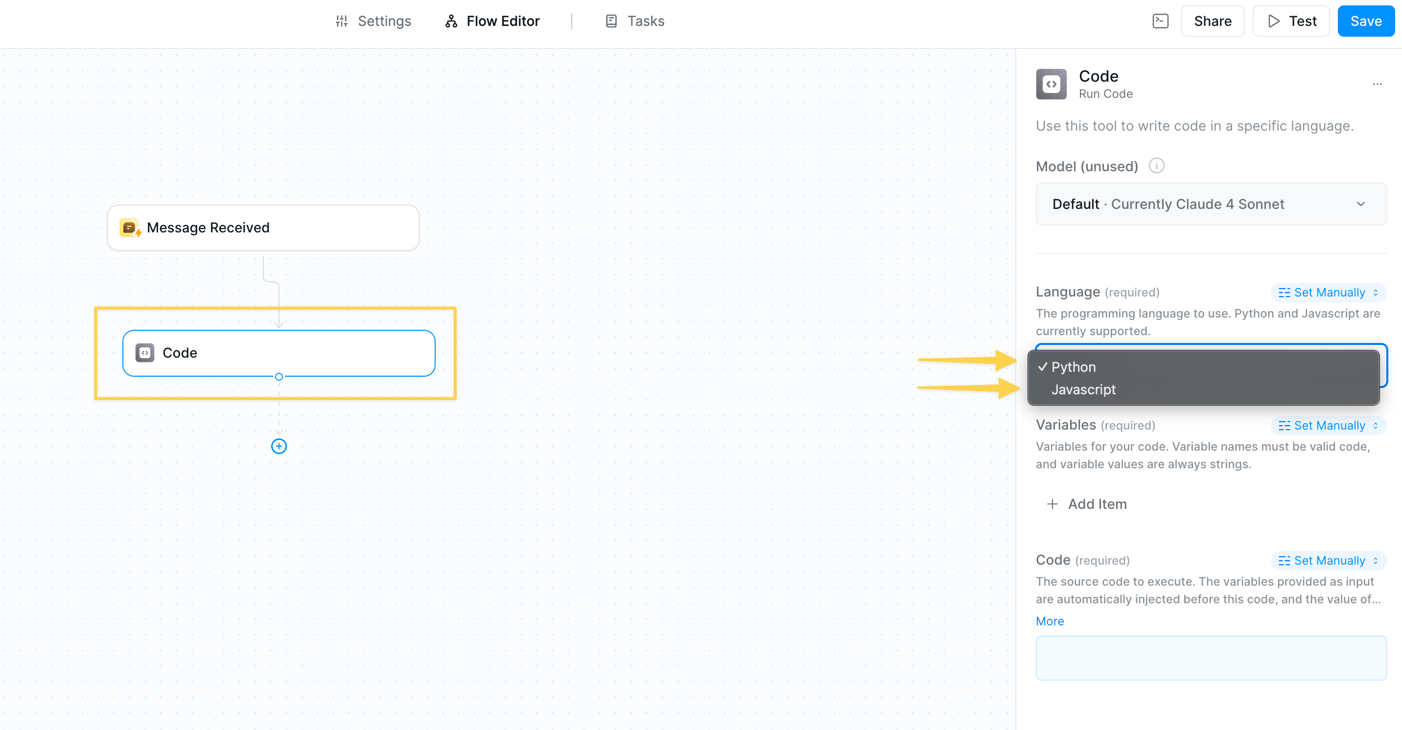 Code action configuration showing language selection, variables, and code editor