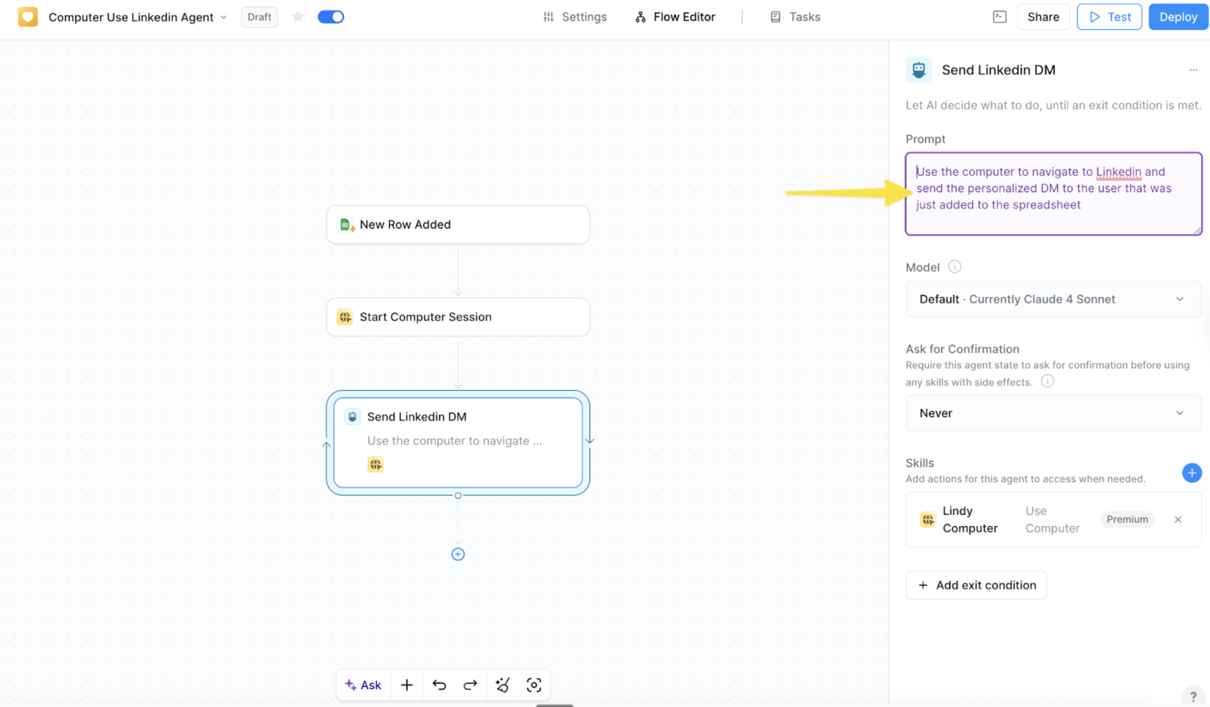 AI Agent LinkedIn prompt configuration