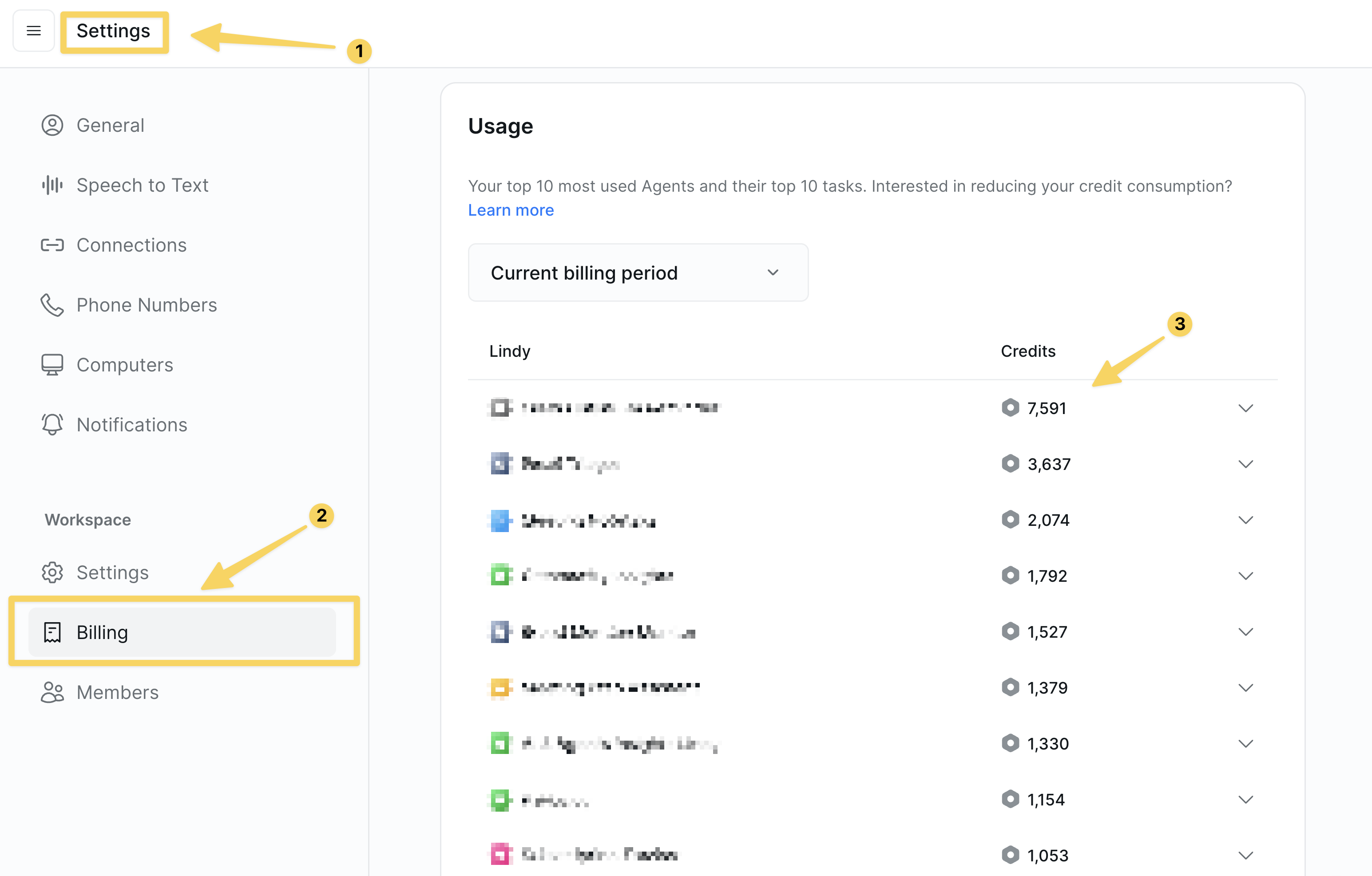 Lindy credits usage example showing credit consumption breakdown in the UI