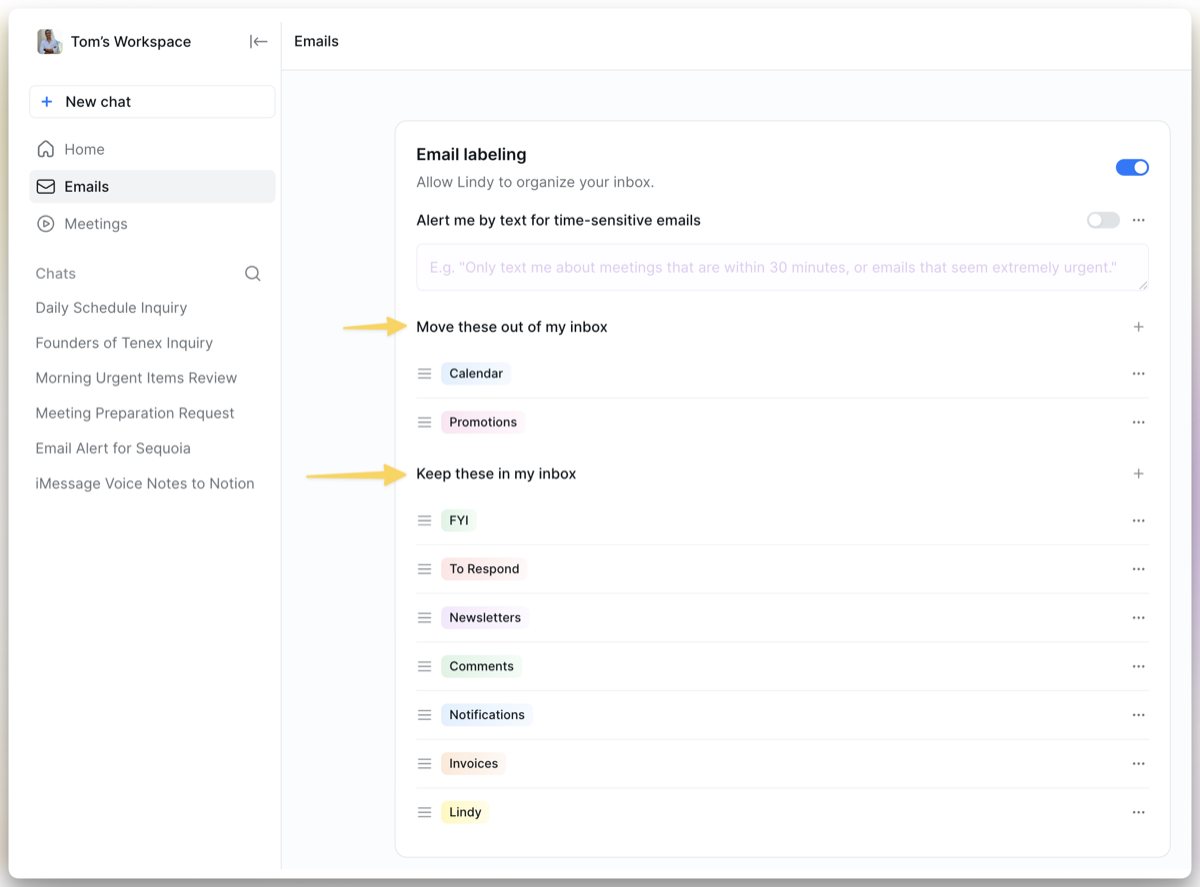 Email Labeling settings showing category toggles