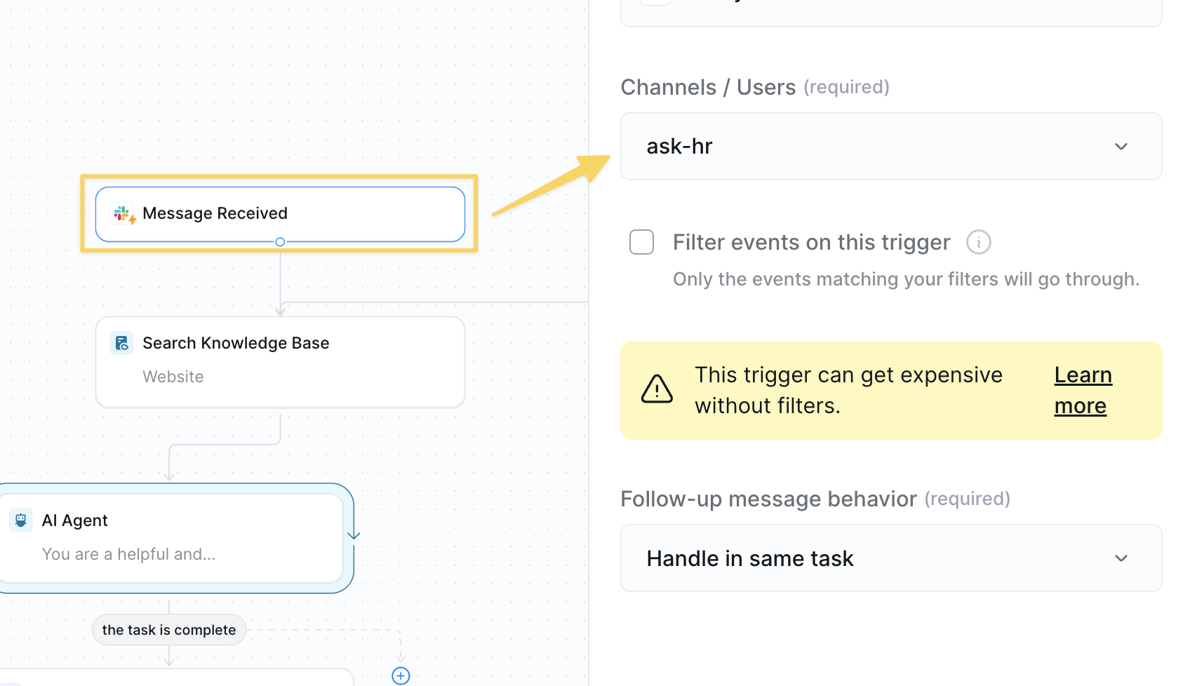 Slack message trigger setup