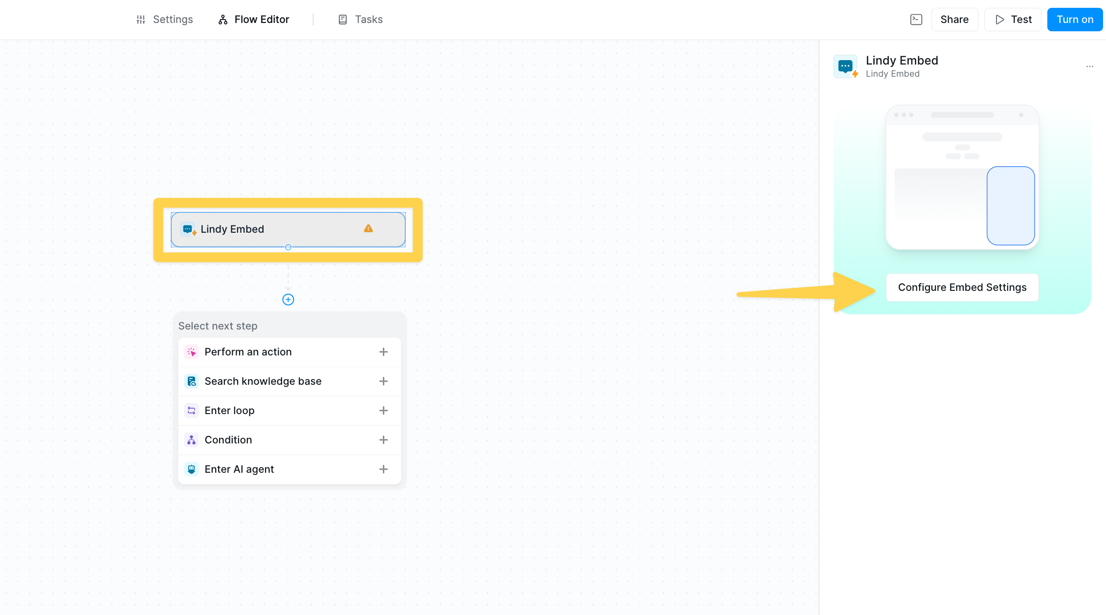 Lindy Embed trigger in flow editor with Configure Embed Settings button highlighted