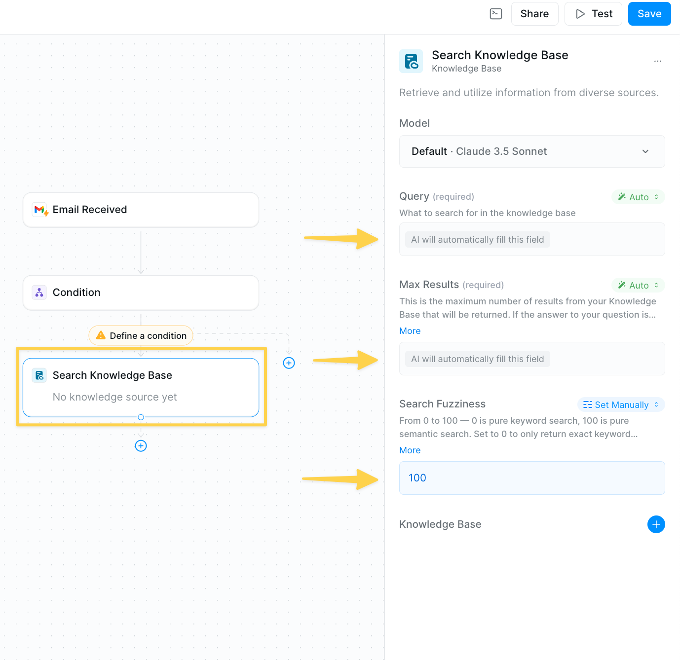 IMAGE NEEDED: Screenshot of Search Knowledge Base configuration showing Query field, Max Results, and Search Fuzziness settings