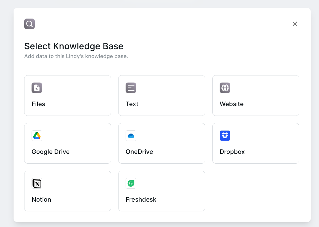 IMAGE NEEDED: Screenshot of the content source selection modal showing Files, Text, Website, Google Drive, OneDrive, Dropbox, Notion, and Freshdesk options