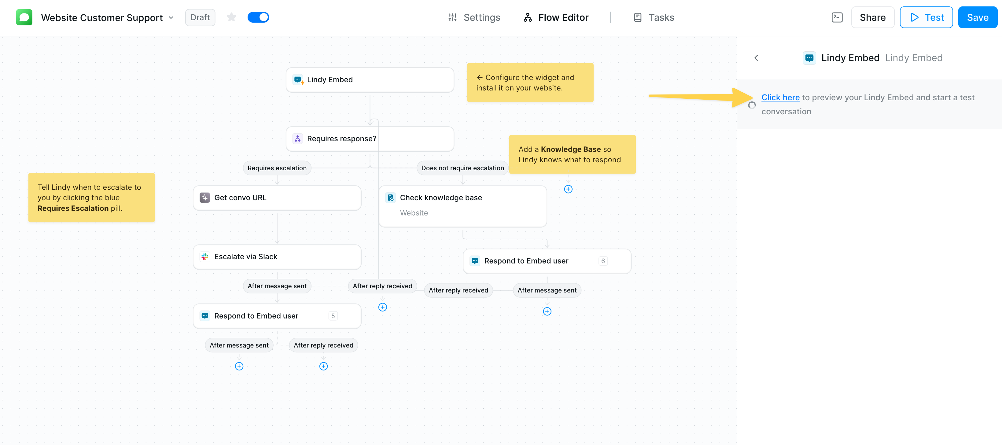 Lindy Embed testing interface showing the preview and test conversation options
