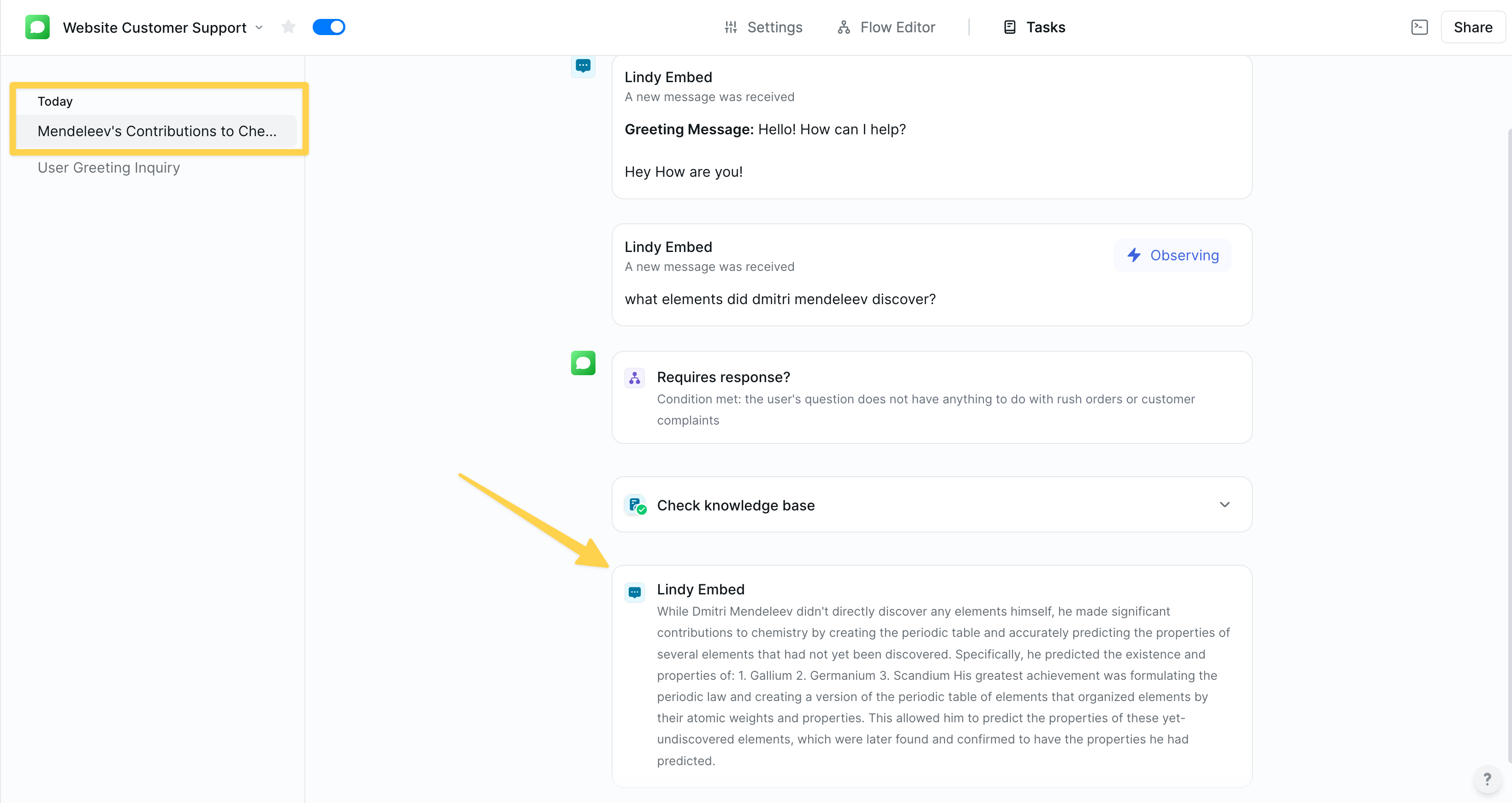 Lindy Embed chatbot flow monitoring showing conversation logs and user interactions