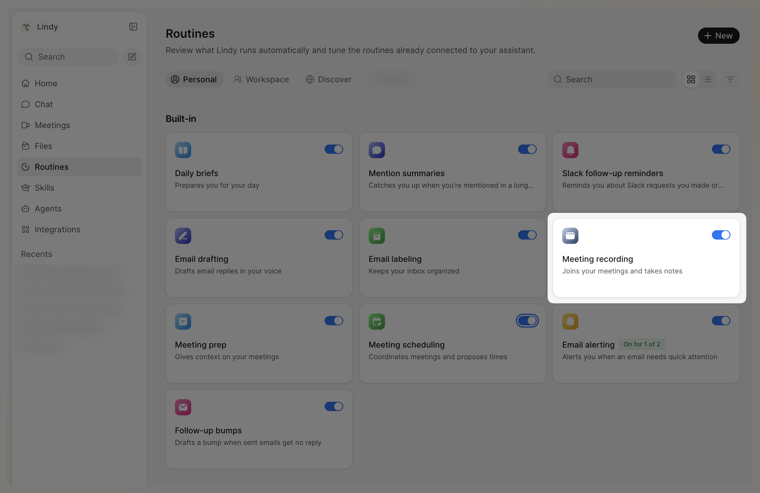 Routines page, Personal tab, with the Meeting Recording card highlighted among the built-in routines