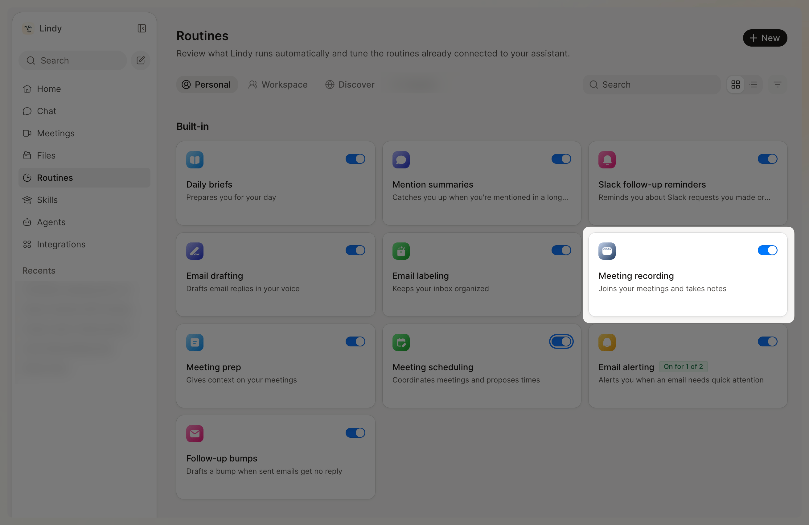 Routines page, Personal tab, with the Meeting Recording card highlighted among the built-in routines
