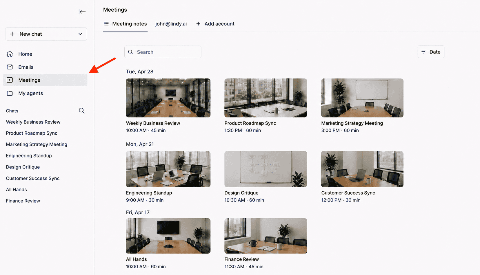 Meeting library in Lindy dashboard