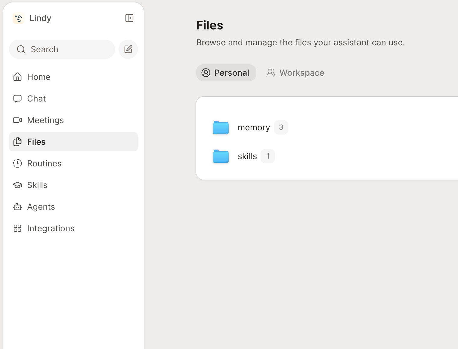 The Files page in the left sidebar, with the Personal and Workspace switcher and the memory and skills folders
