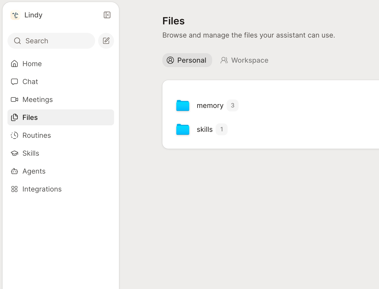 The Files page in the left sidebar, with the Personal and Workspace switcher and the memory and skills folders