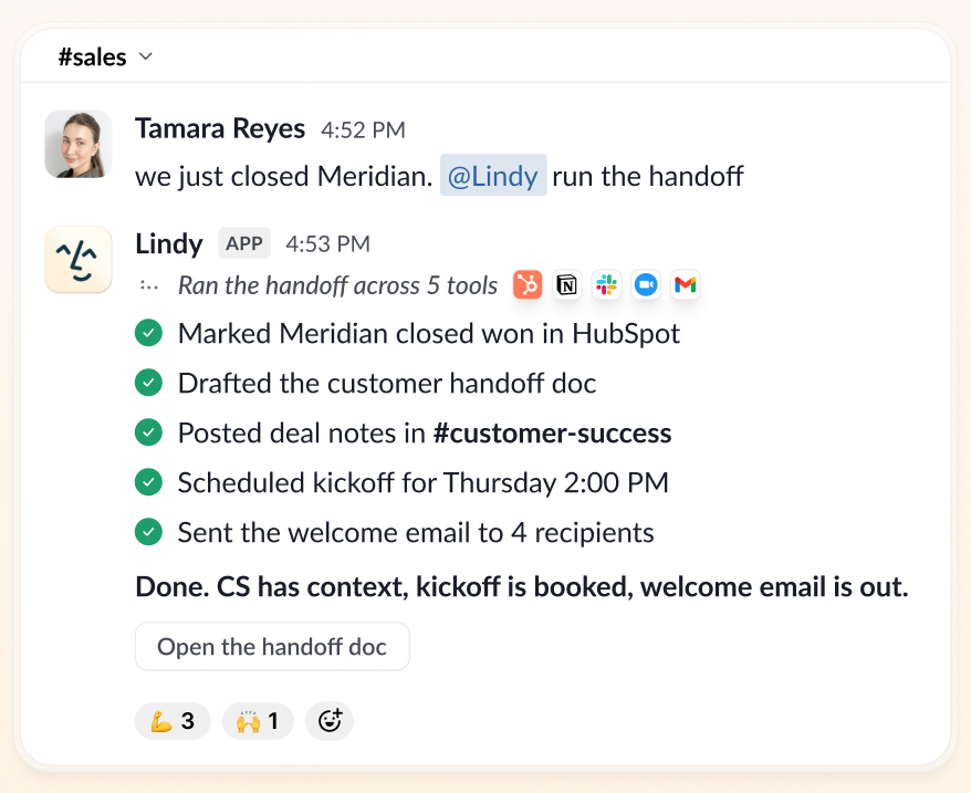 Lindy runs a deal-won handoff: updates HubSpot, creates the Notion doc, posts to customer-success, schedules the kickoff, and sends the welcome email