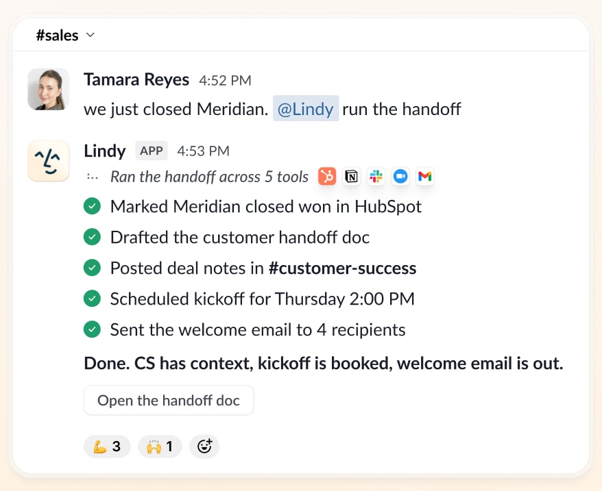 Lindy runs a deal-won handoff: updates HubSpot, creates the Notion doc, posts to customer-success, schedules the kickoff, and sends the welcome email