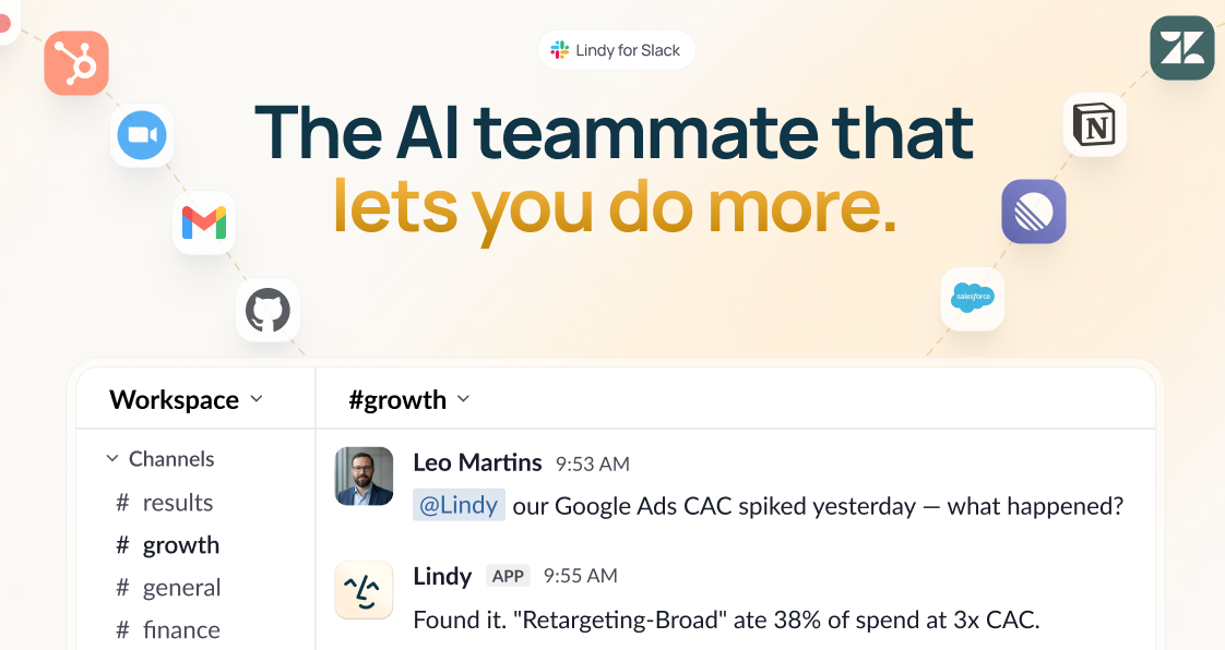 Lindy for Slack: the AI teammate that lets you do more, connected to Slack, Gmail, Zoom, GitHub, Salesforce, Notion, and more, answering a #growth question about a Google Ads CAC spike